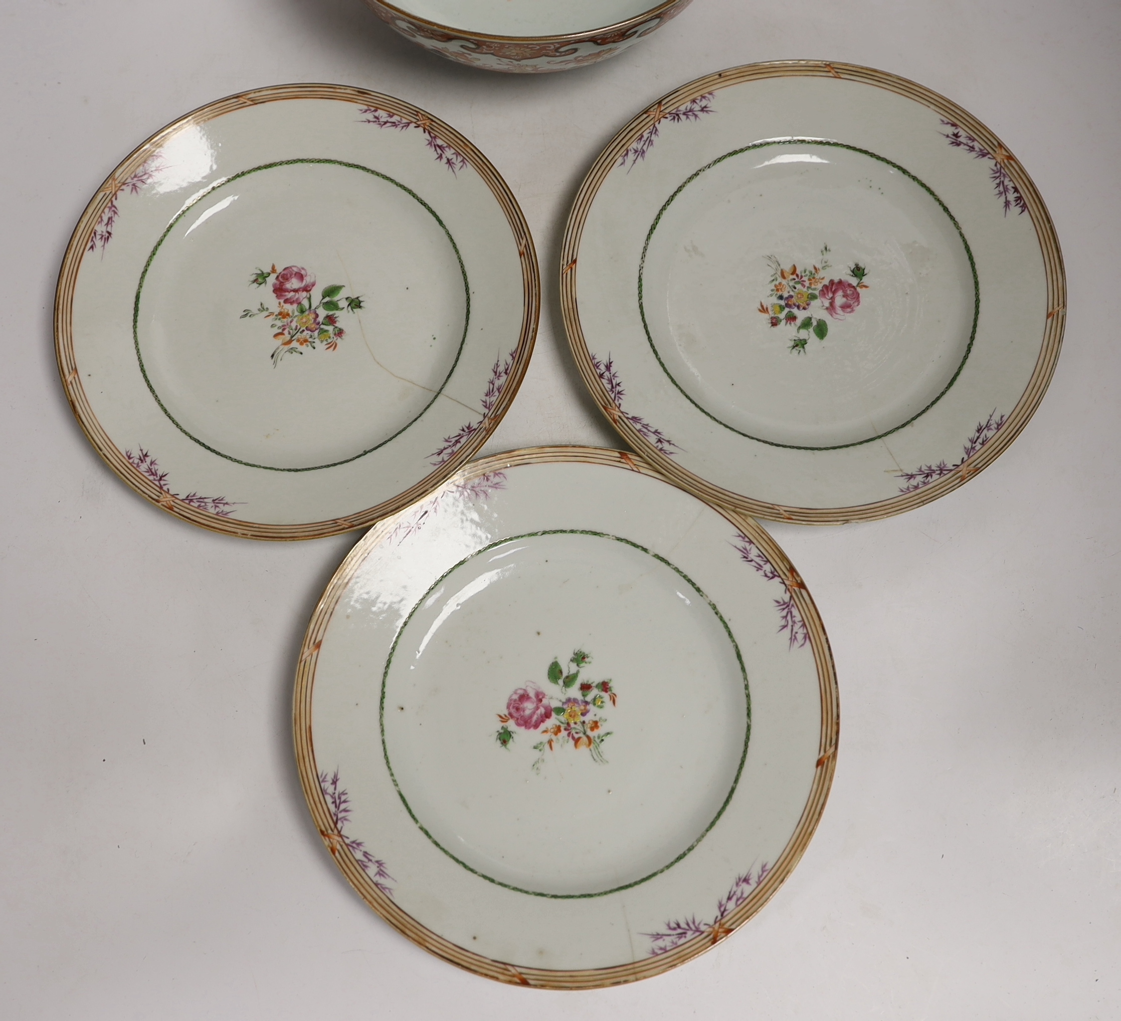 An 18th/19th century Chinese bowl and five plates, bowl 10cm high